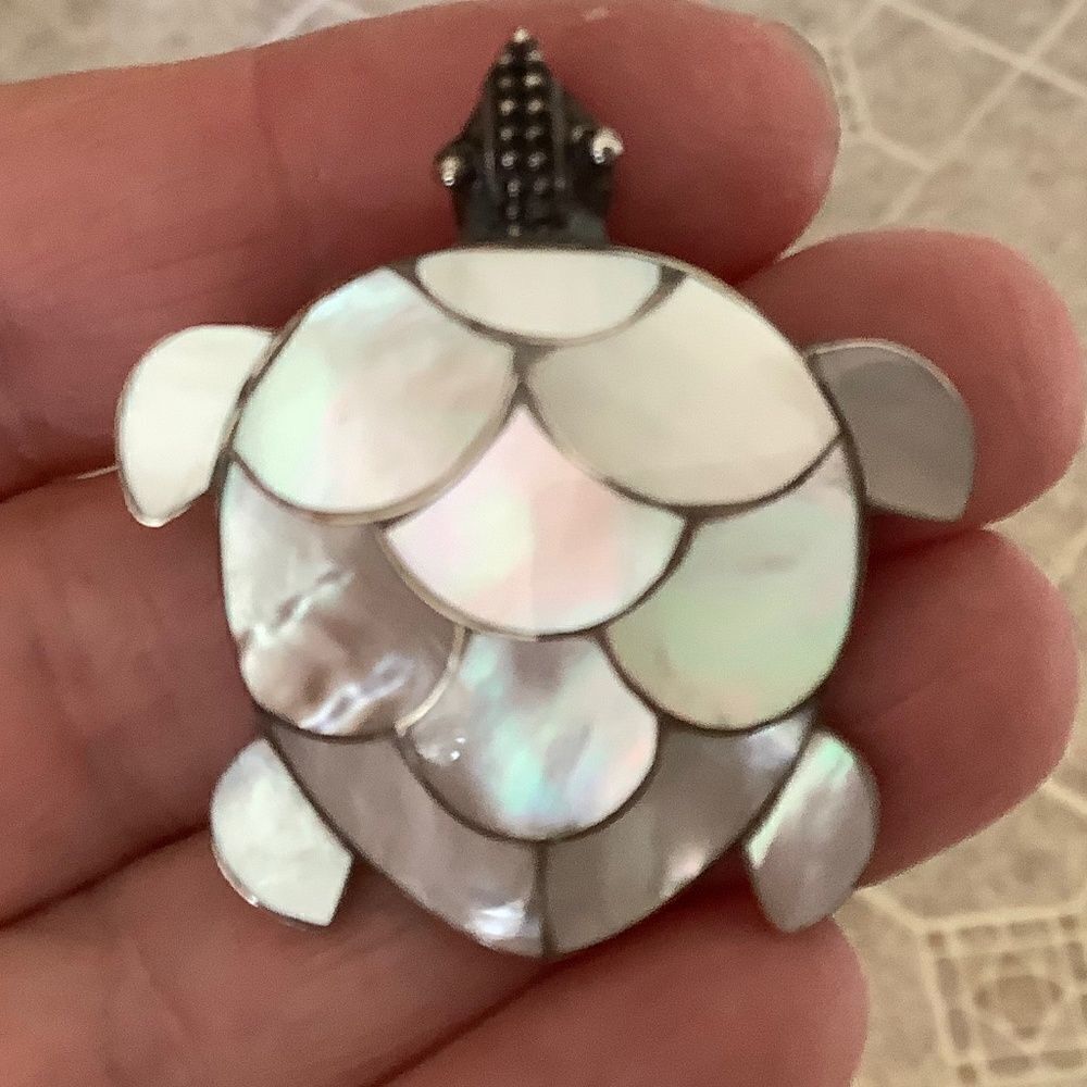 𝅺sterling SILVER 925 MOTHER OF PEARL TORTOISE SHELL LARGE PENDANT​​